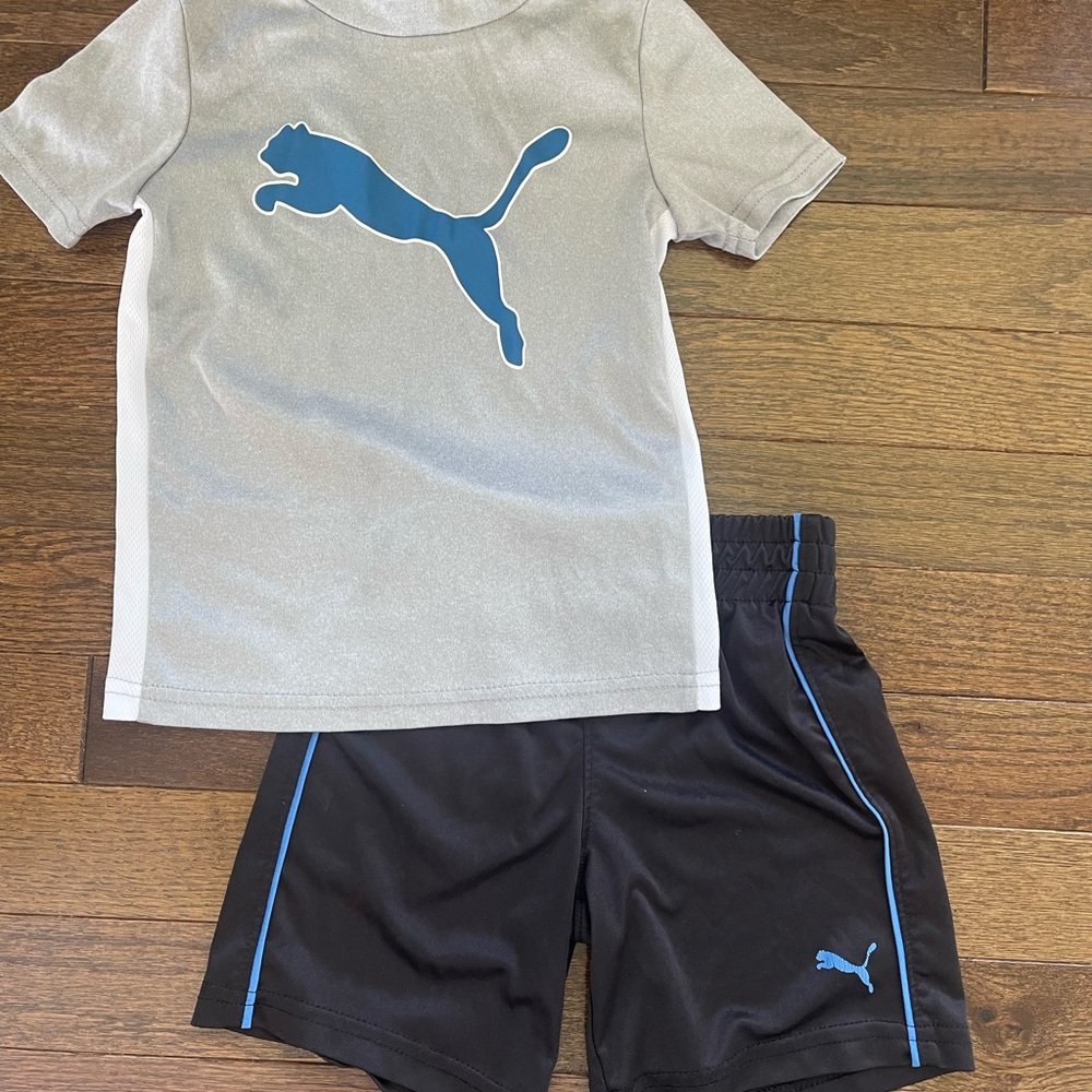 Puma Gray Tee and Black Shorts with Blue Logo Accent